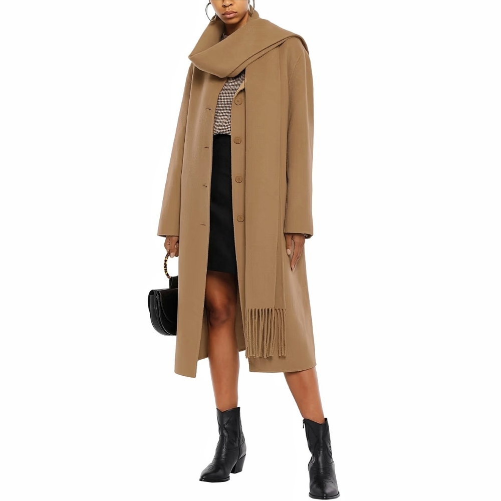 Sandro Maria Minimilist Matching Tie-Neck Scarf Fringe Wool Long Coat